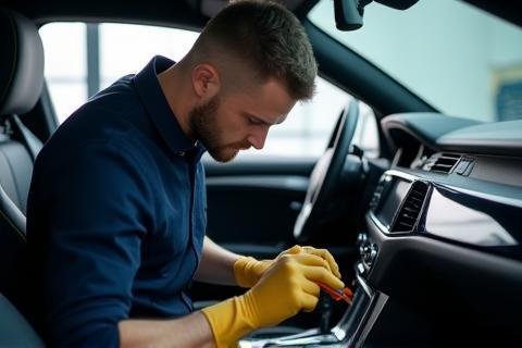 Technicien Éclat Auto Detailing travaillant sur l’intérieur d’une voiture
